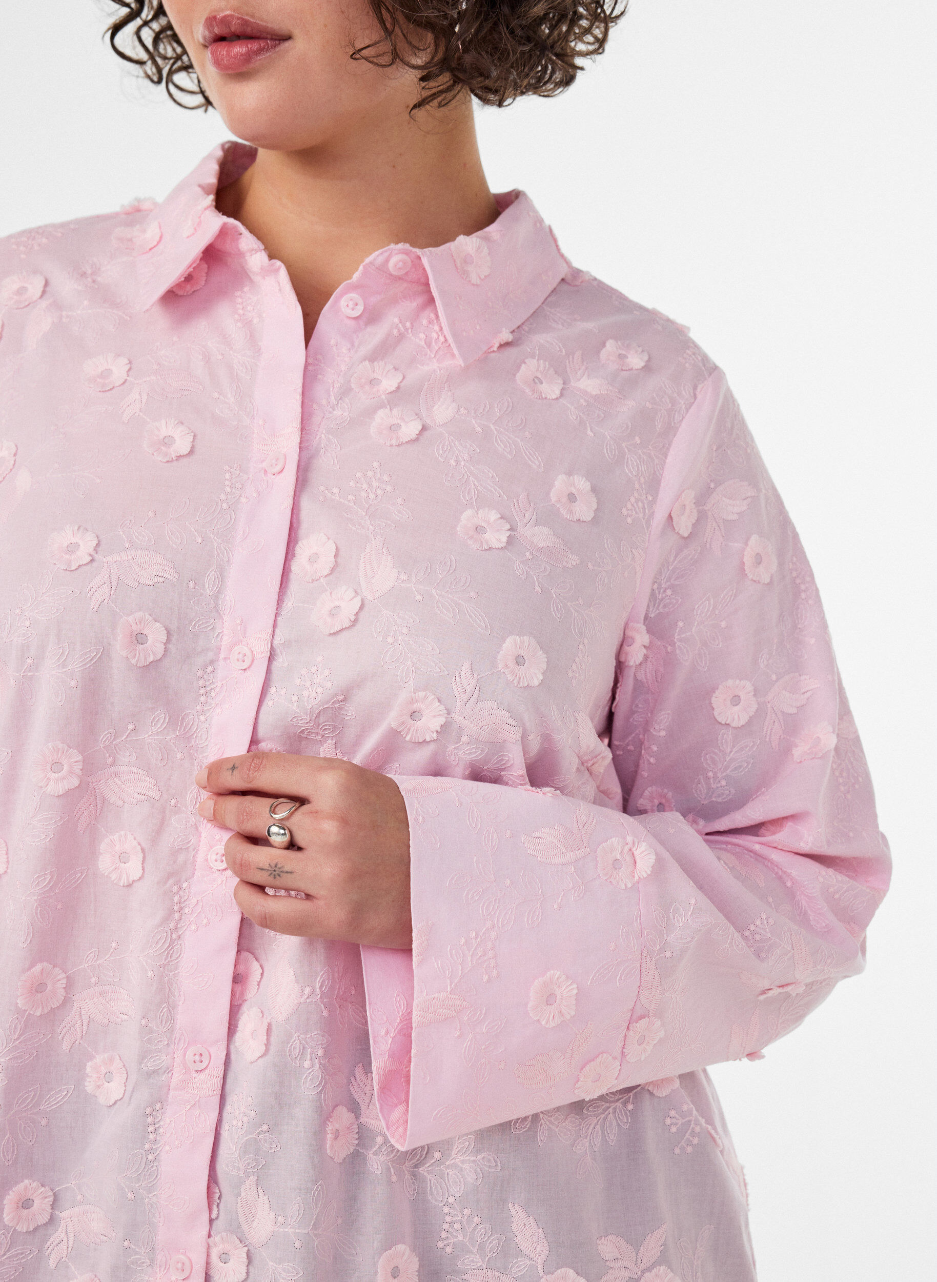 ZizziShirt met bloemenborduursel en wijde mouwen, Roze, Model image number 3