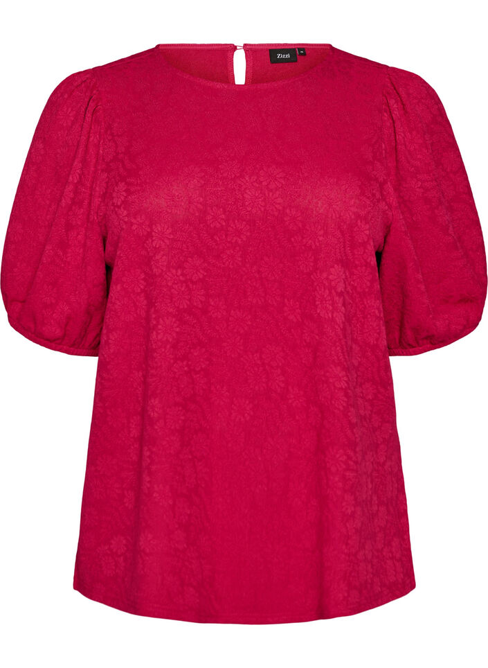 Blouse met textuur en korte mouwen, Roze, Packshot image number 0