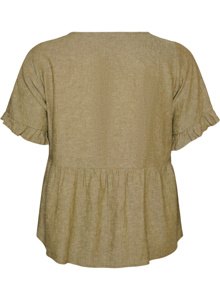 Blouse in linnen en viscose met een V-hals en knoopsluiting, Groen, Packshot image number 1