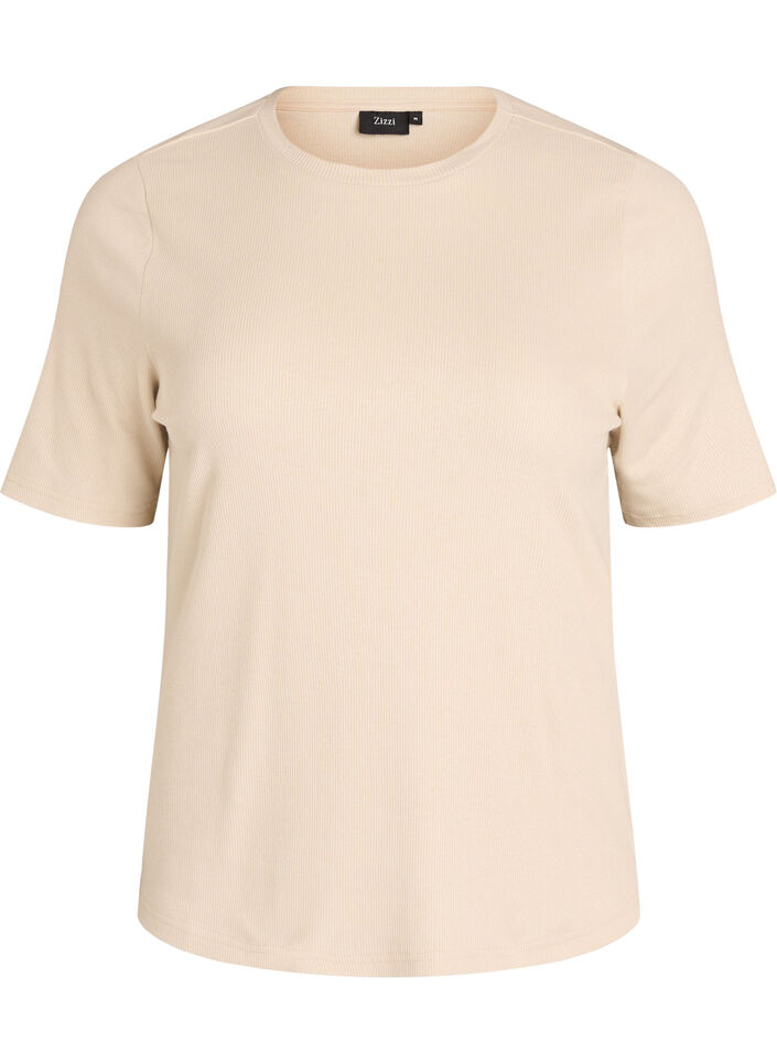 Basic rib T-shirt met ronde hals, Beige, Packshot
