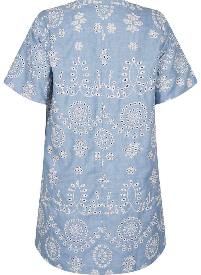 Korte jurk met een decoratief opengewerkt patroon, Faded Denim w. White, Packshot