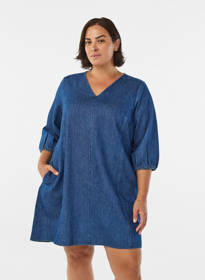 Korte denimjurk met 3/4 mouwen, Blue Denim, Model