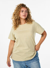 T-shirt in biologisch katoen met pareltekst, Beige T-shirt in biologisch katoen met pareltekst, Beige, Model