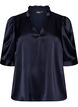 Blouse met satinlook, 1/2-mouwen en rucheskraag, Blauw, Packshot image number 0