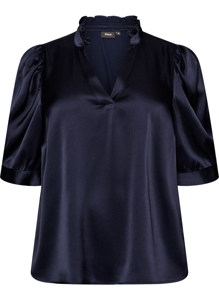 Blouse met satinlook, 1/2-mouwen en rucheskraag, Blauw, Packshot image number 0