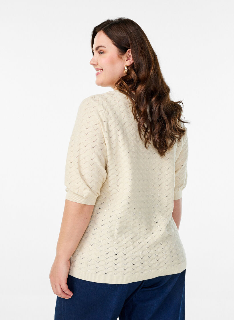 Gebreide blouse met opengewerkt patroon en korte mouwen, Birch Mel., Model