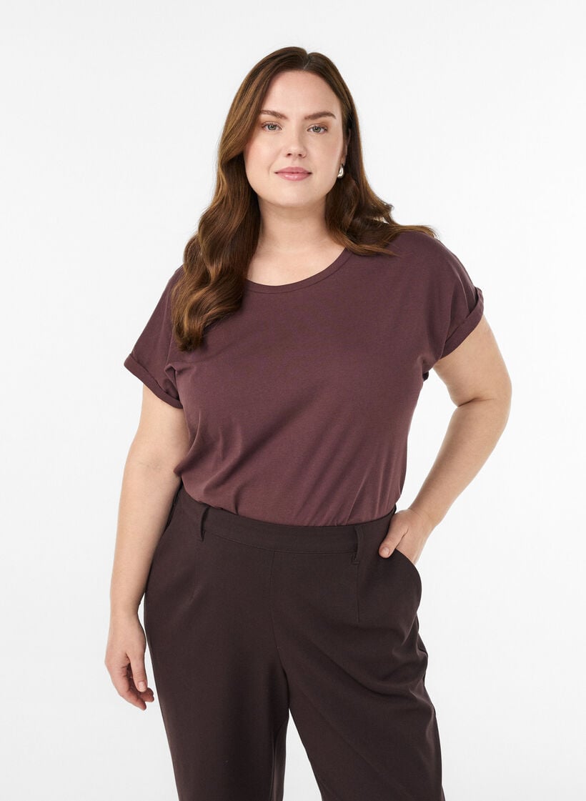 T-shirt met korte mouwen in een katoenmix, Donker Bordeaux, Model image number 0
