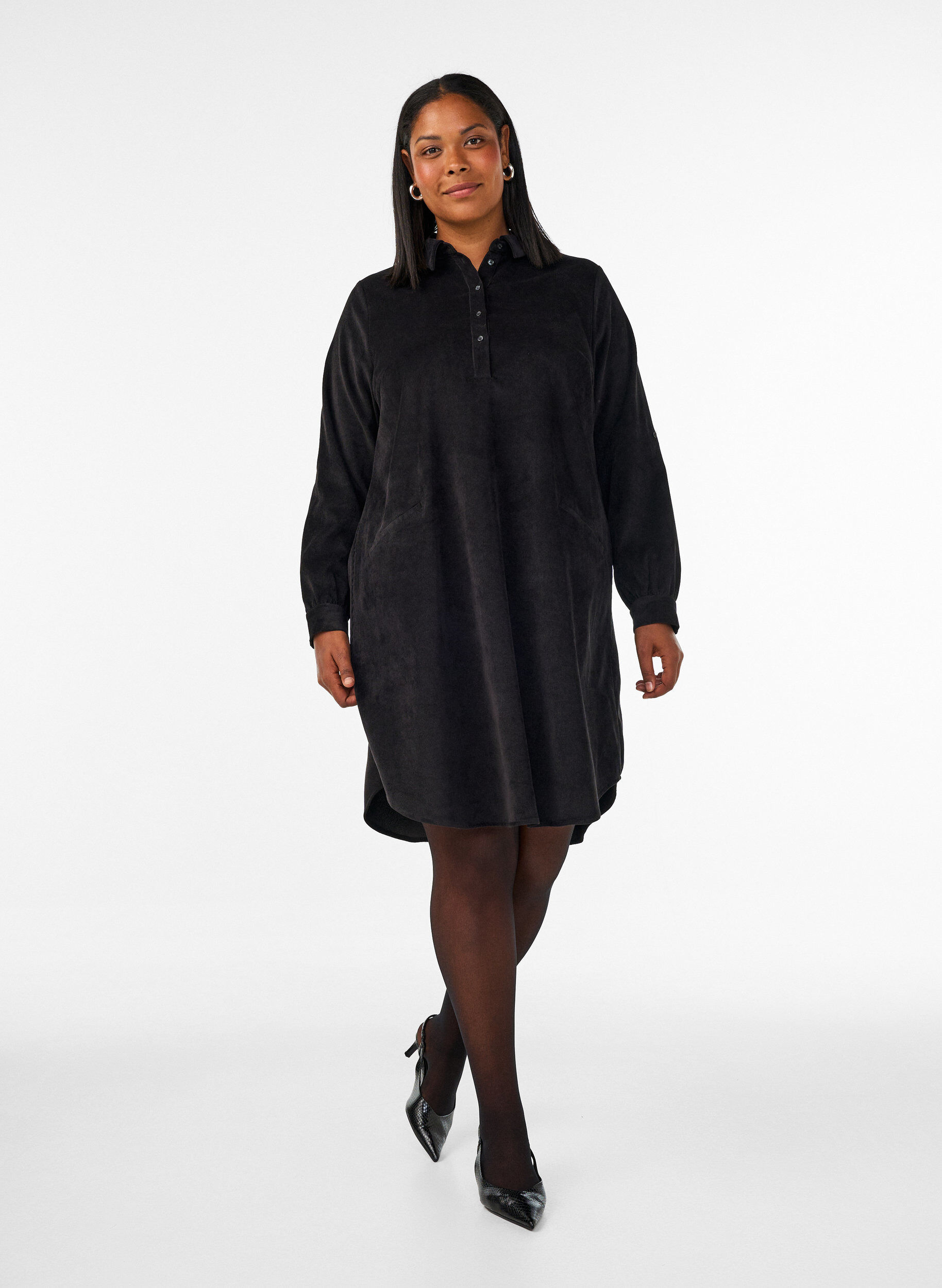 ZizziCorduroy overhemdjurk met kraag en knoopsluiting, Zwart, Model image number 1