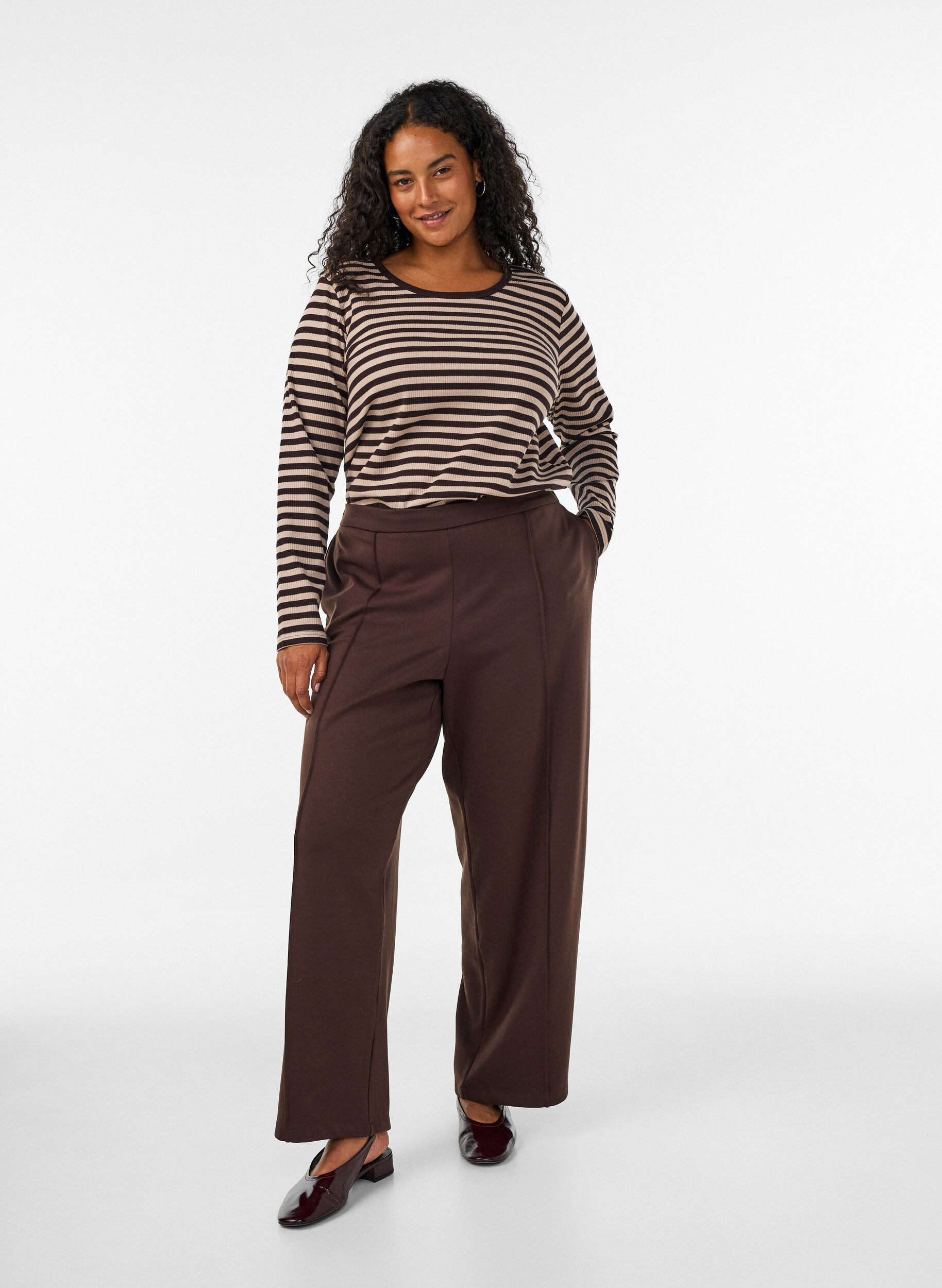 Losse jerseybroek met hoge taille, Bruin, Model