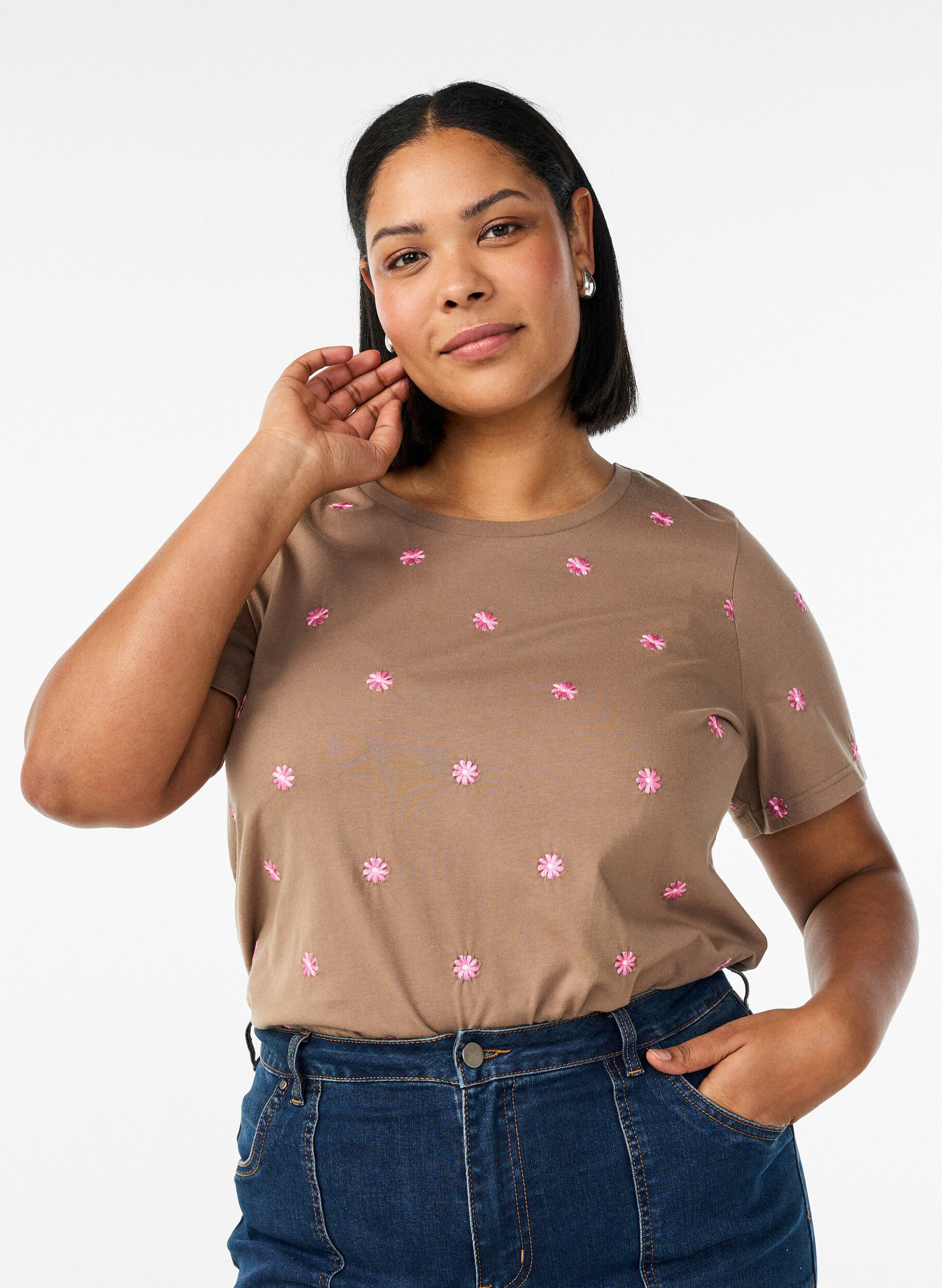 ZizziT-shirt en coton biologique avec motifs brod&eacute;s, Marron, Model image number 0