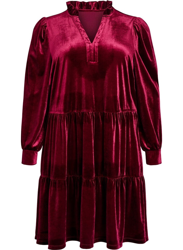 Robe courte en velours avec un col &agrave; volants et des manches longues, Rouge, Packshot image number 0