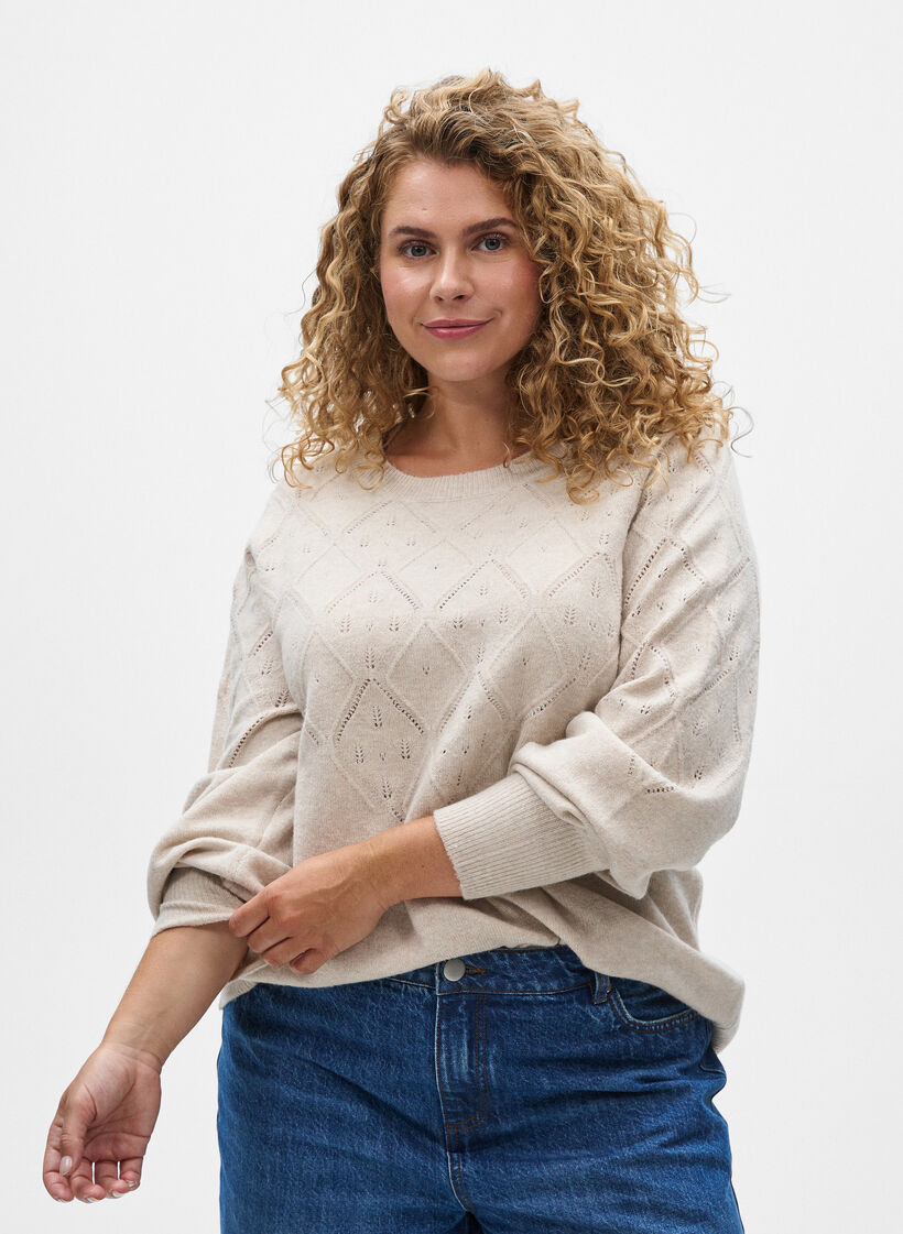 Gebreide top met opengewerkt patroon en ballonnen mouwen, Pumice S. White Mel., Model
