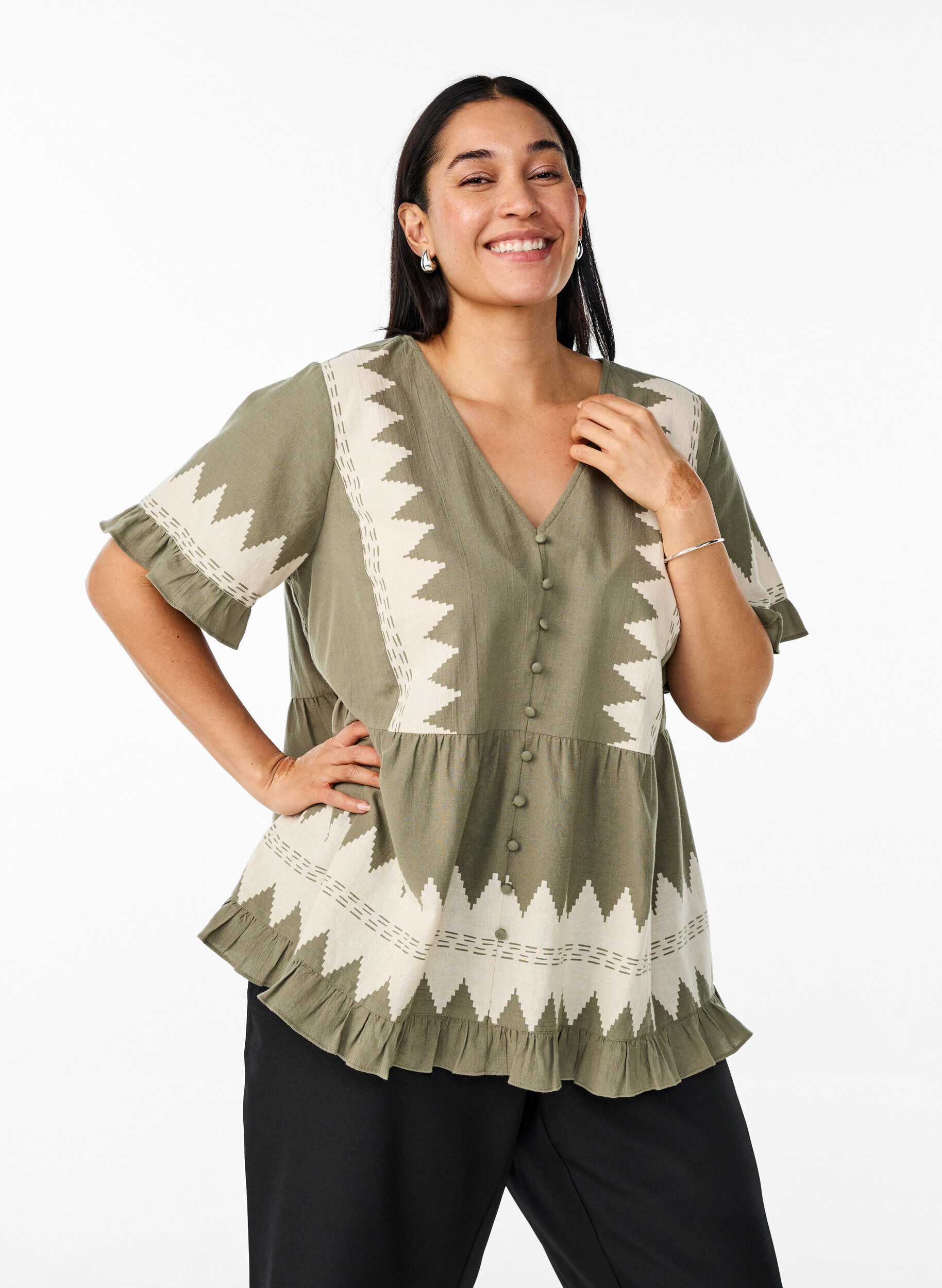 Blouse met korte mouwen, ruches en grafisch patroon, Groen, Model