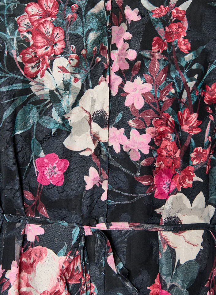 Bloemen midi-jurk met geweven textuur en strikceintuur, Zwart, Packshot image number 2