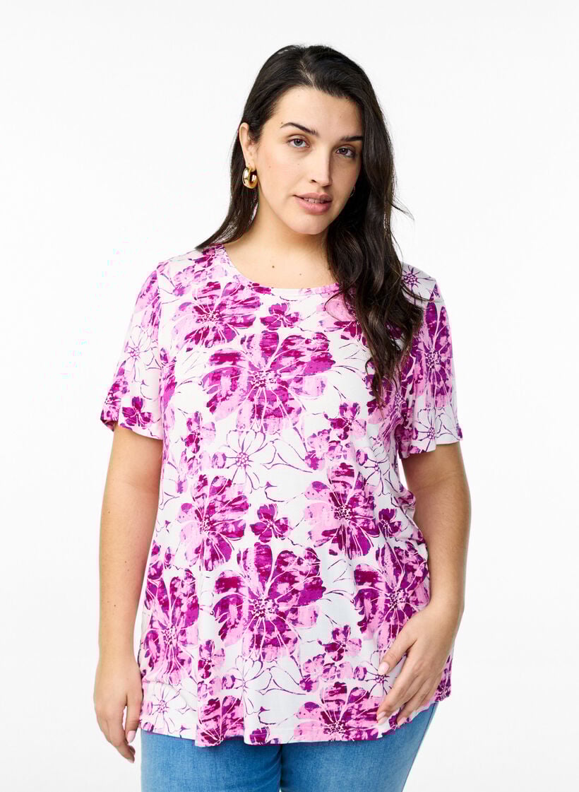 T-shirt met bloemenprint, Roze, Model image number 0