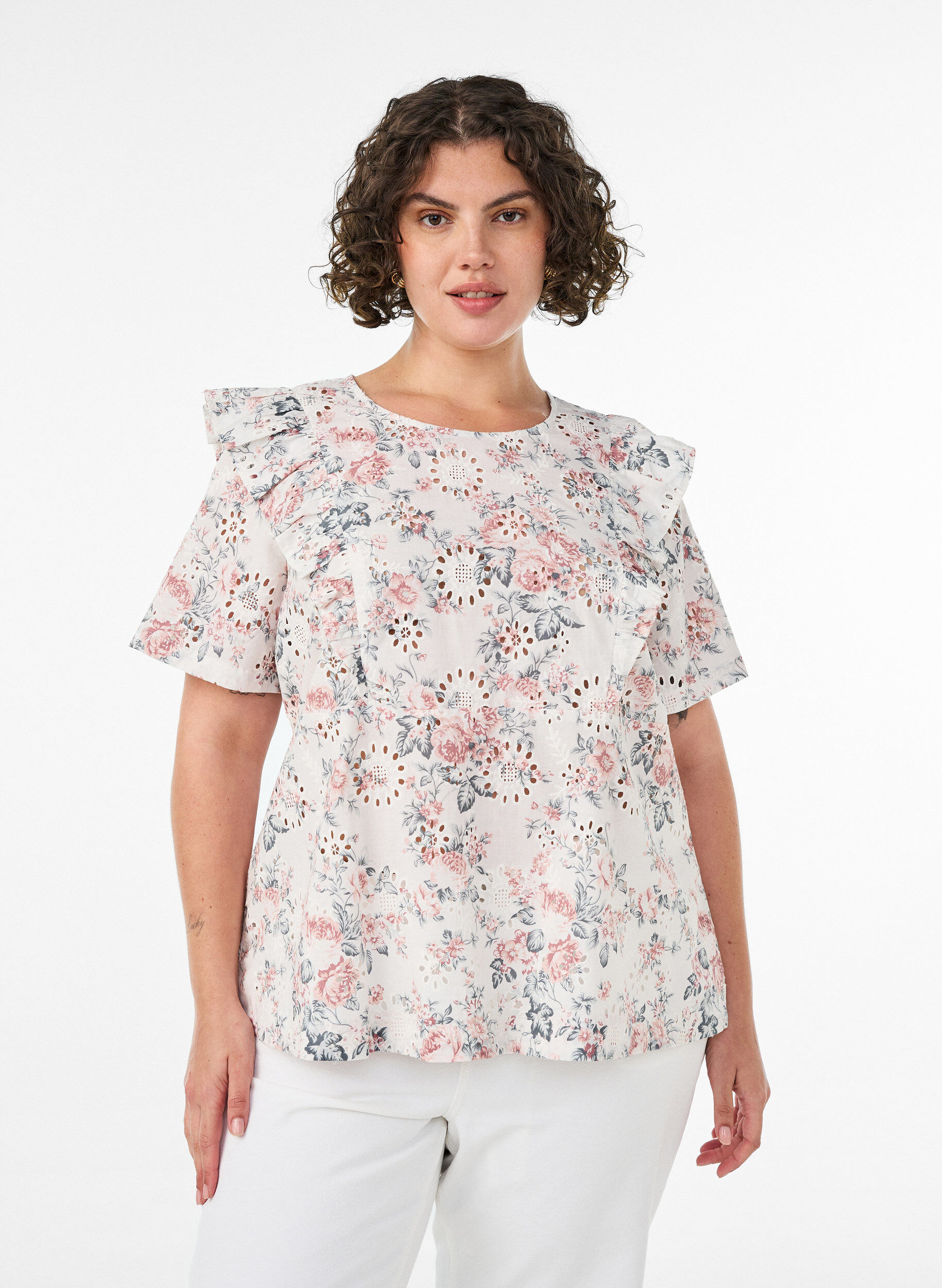 Katoenen blouse met broderie anglaise en ruches, Rood, Model