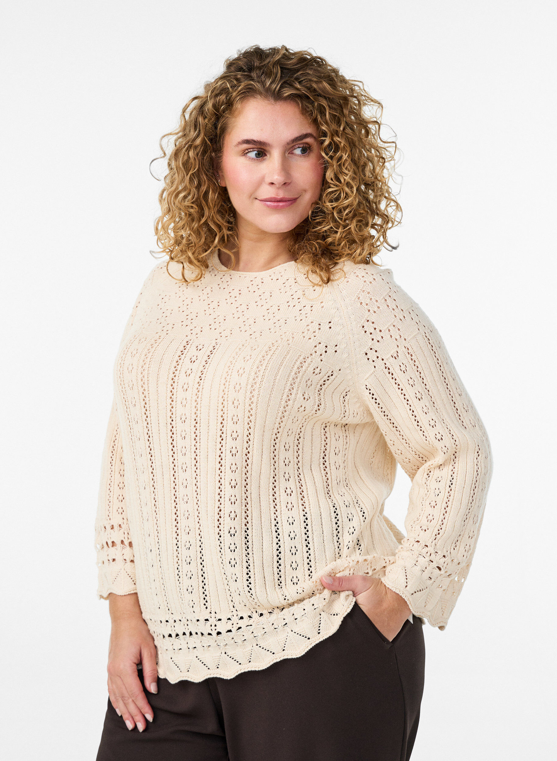 Gebreide top met ajour borduursel en 3/4 mouwen, Beige, Model