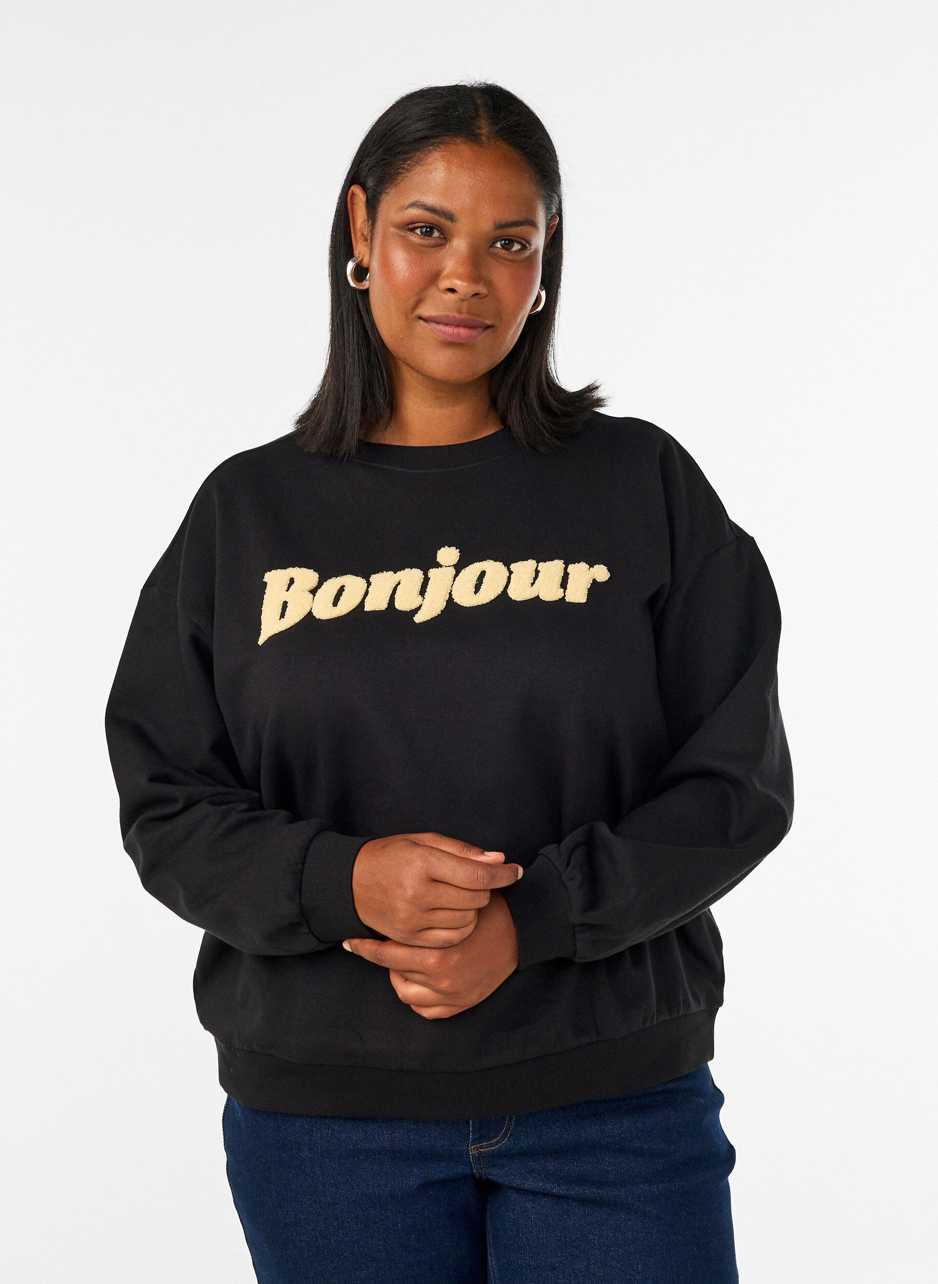Sweatshirt met boucl&eacute;-tekstmotief, Zwart, Model