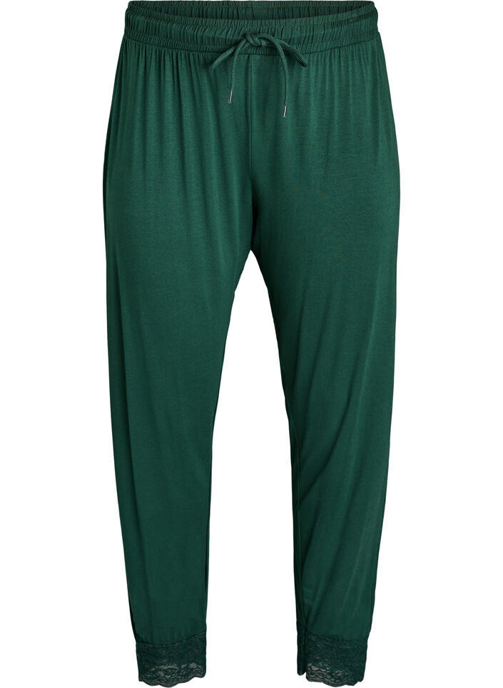 Pyjamabroek met kanten rand en high waist, Groen, Packshot image number 0