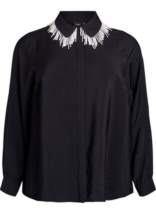 ZizziViscose tuniek met parelgeborduurde kraag, Black, Packshot image number 0