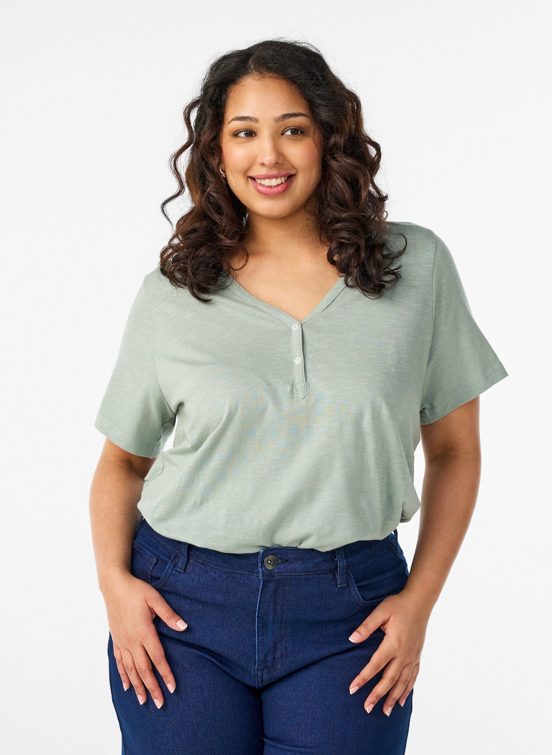 T-shirt met knoopdetail, Groen, Model