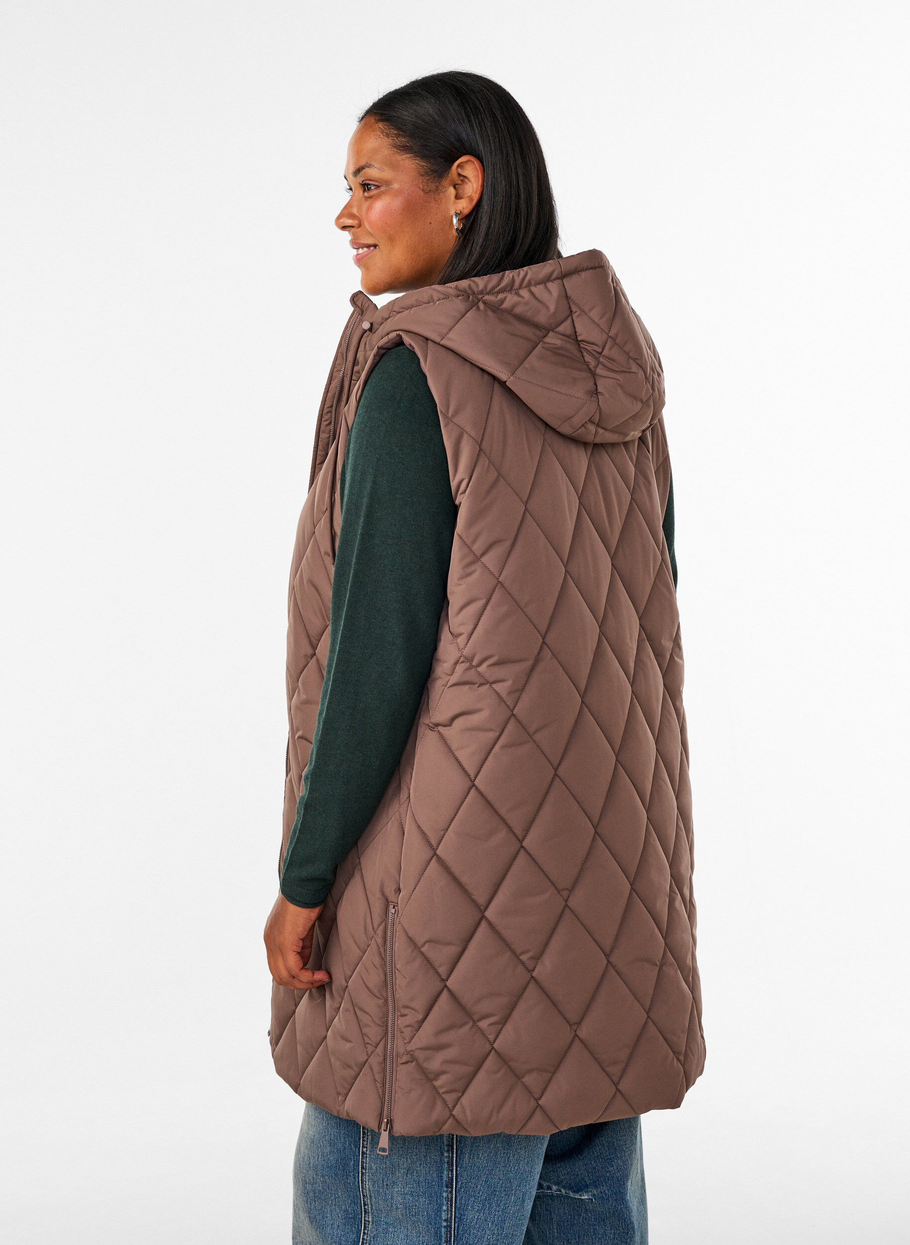 ZizziHalflang gewatteerd gilet met capuchon, Bruin, Model image number 2