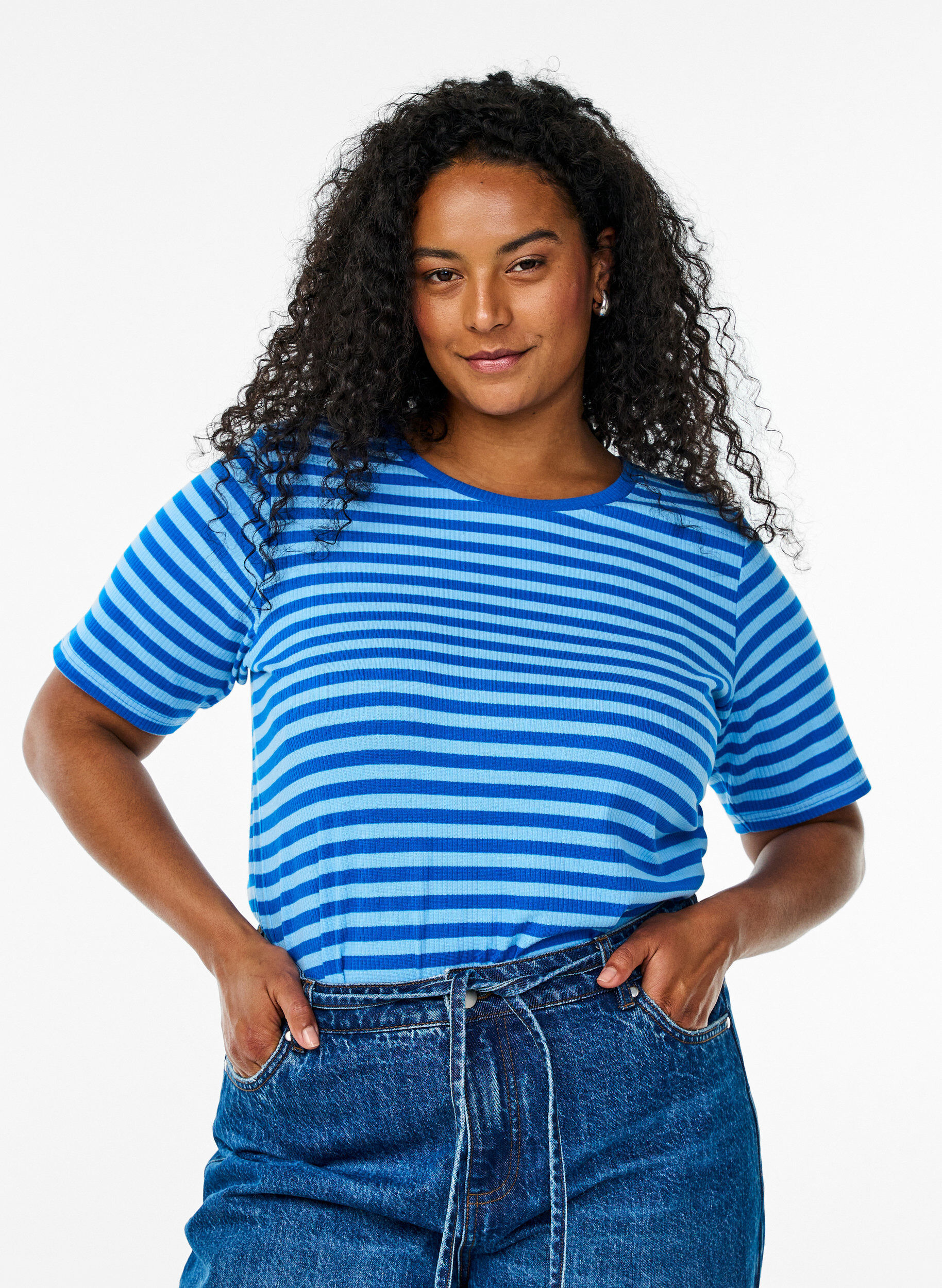 Gestreept T-shirt met geribbelde textuur, Blauw, Model
