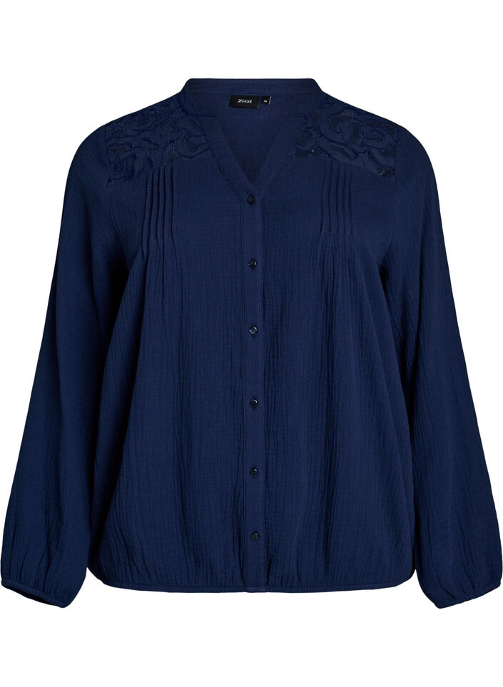Katoenen mousseline blouse met geborduurde details, Blauw, Packshot image number 0