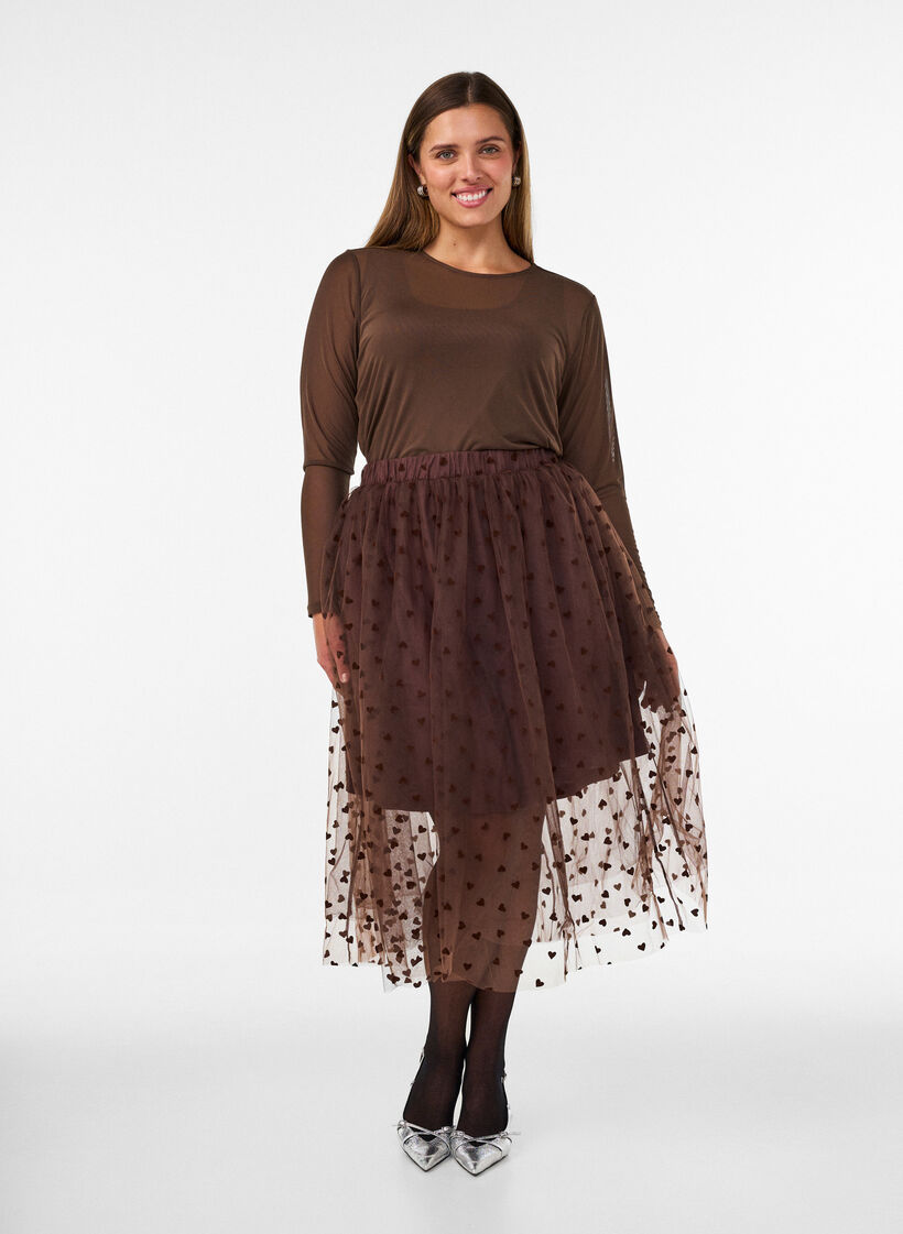Midi-tule rok met hartjes, Bruin, Model image number 1