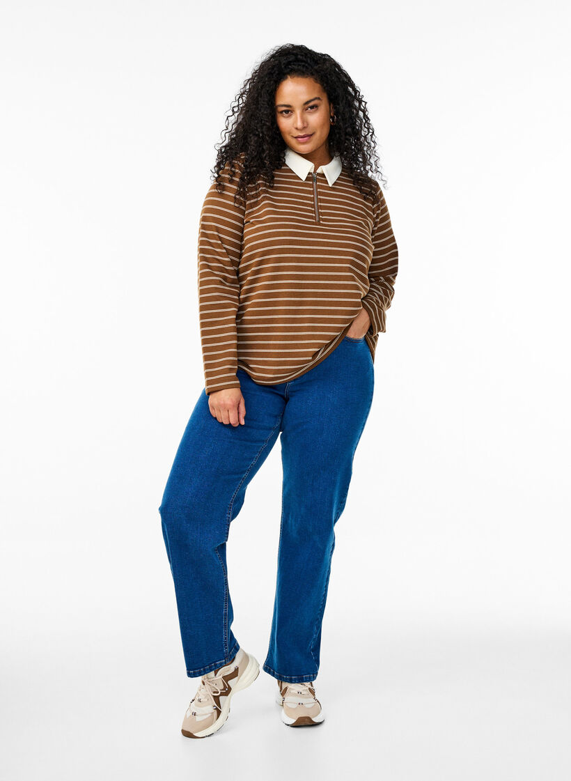 Gestreept poloshirt met ritssluiting, Bruin, Model image number 1