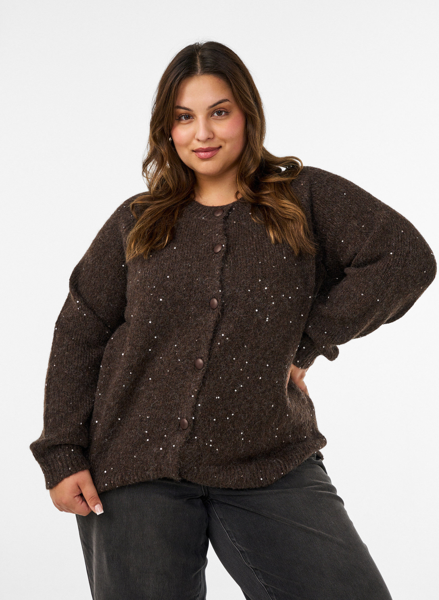 Cardigan met pailletten en knopen, Bruin, Model