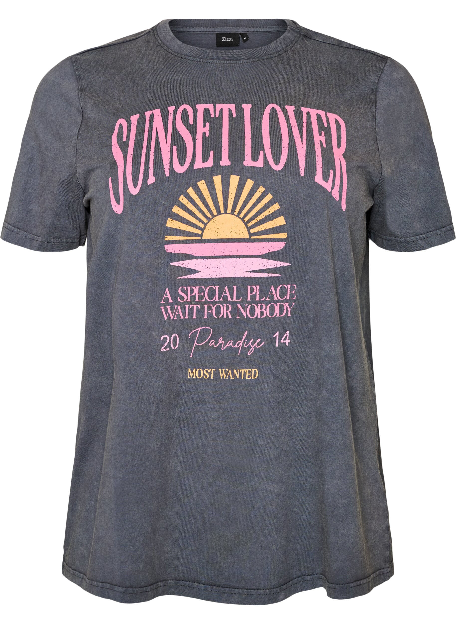 ZizziKatoenen T-shirt met print aan de voorkant en een gewassen look, Grijs, Packshot image number 0