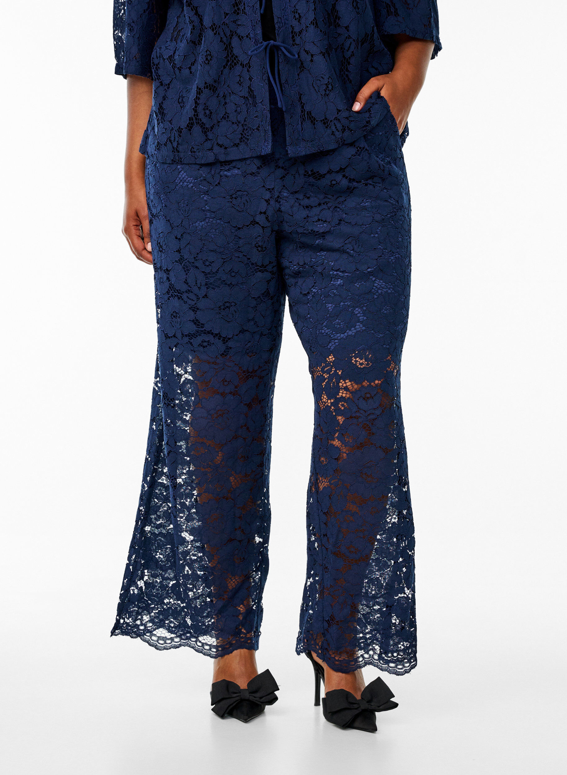 ZizziKanten broek met hoge taille en zakken, Blauw, Model image number 2