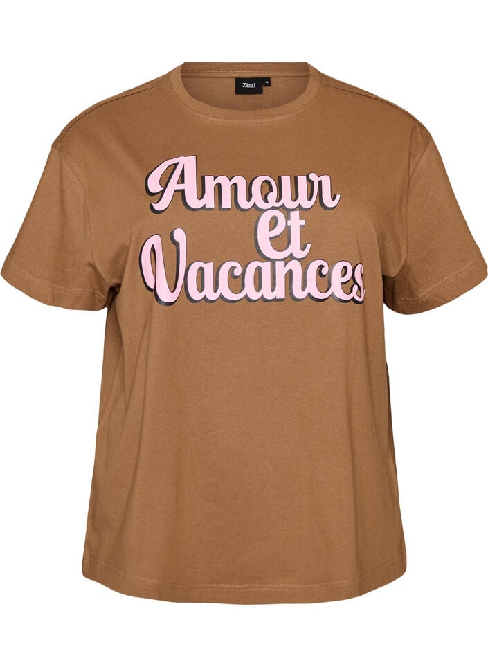 100% katoenen T-shirt met korte mouwen en print, Bruin, Packshot image number 0