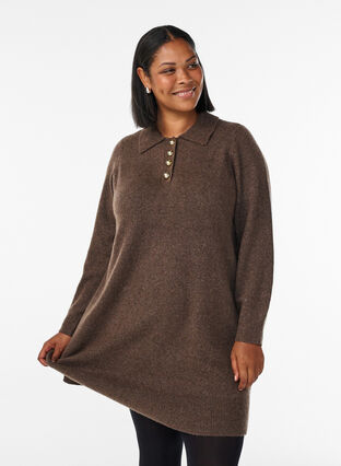 ZizziGebreide jurk met een polokraag en glanzende knopen, Rain Drum Mel., Model image number 0