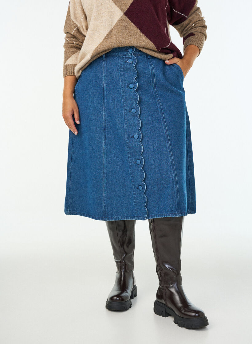 A-lijn denimrok met golvende knoopsluiting, Blauw, Model