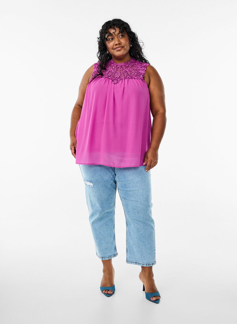 Mouwloos feesttopje met haakwerk, Paars, Model image number 1