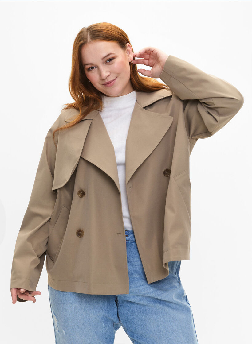 Korte trenchcoat met drukknoopsluiting, Coriander, Model image number 0