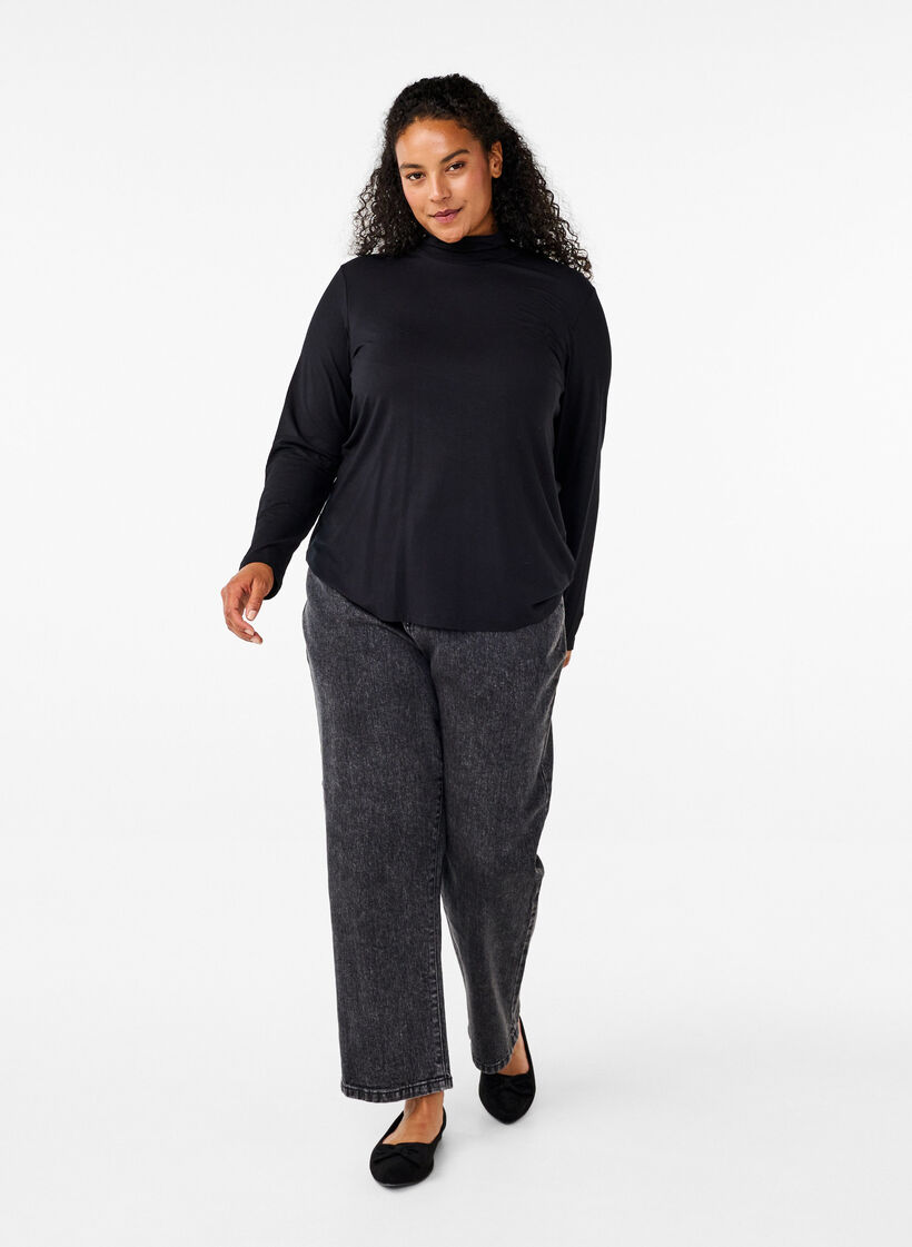 Blouse met lange mouwen en hoge hals, Black, Model