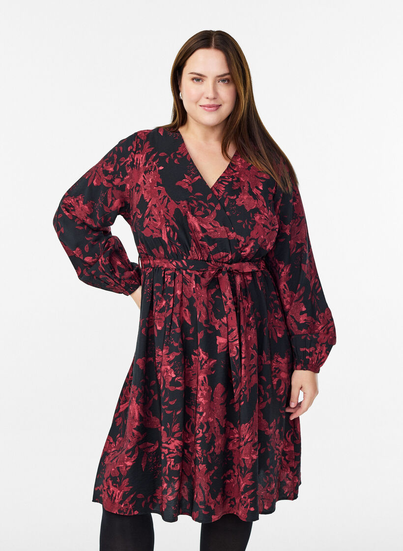 Knielange jurk met strikriem en wikkel-look, Zwart, Model image number 0