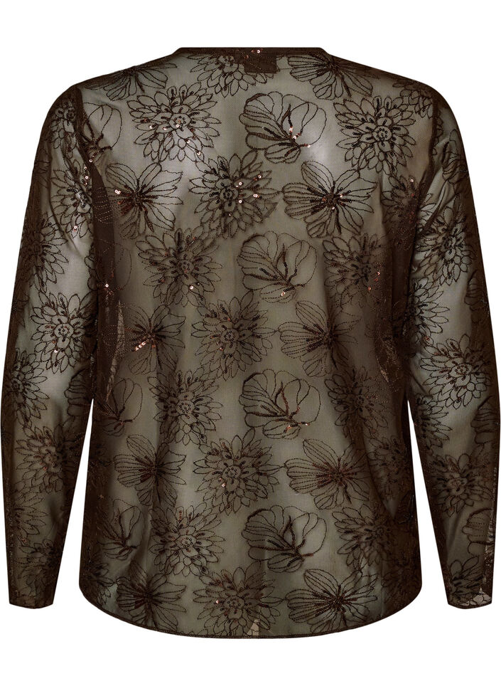 Mesh blouse met bloemen en pailletten, Bruin, Packshot image number 1
