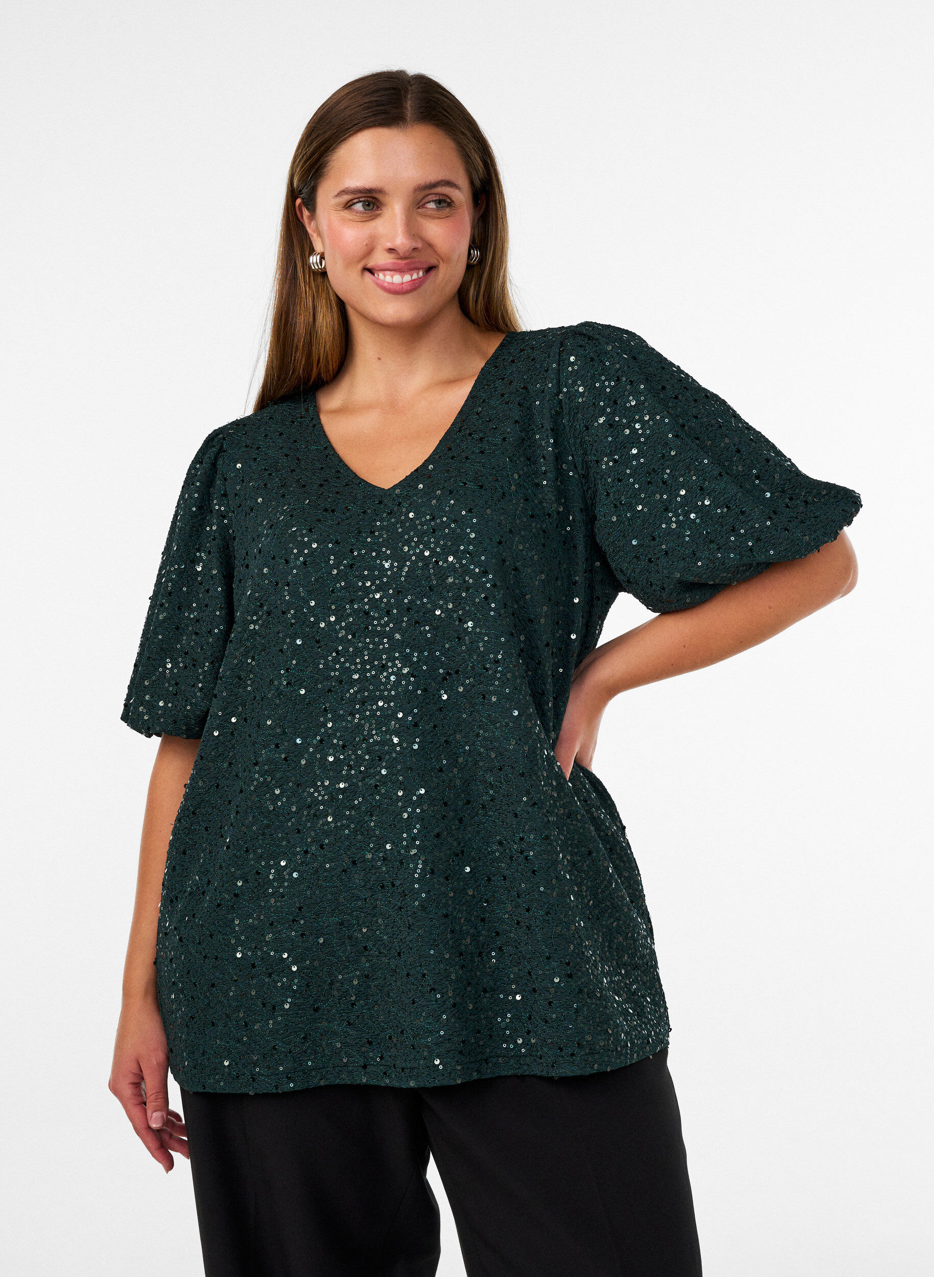Blouse met pailletten en ballonmouwen, Groen, Model