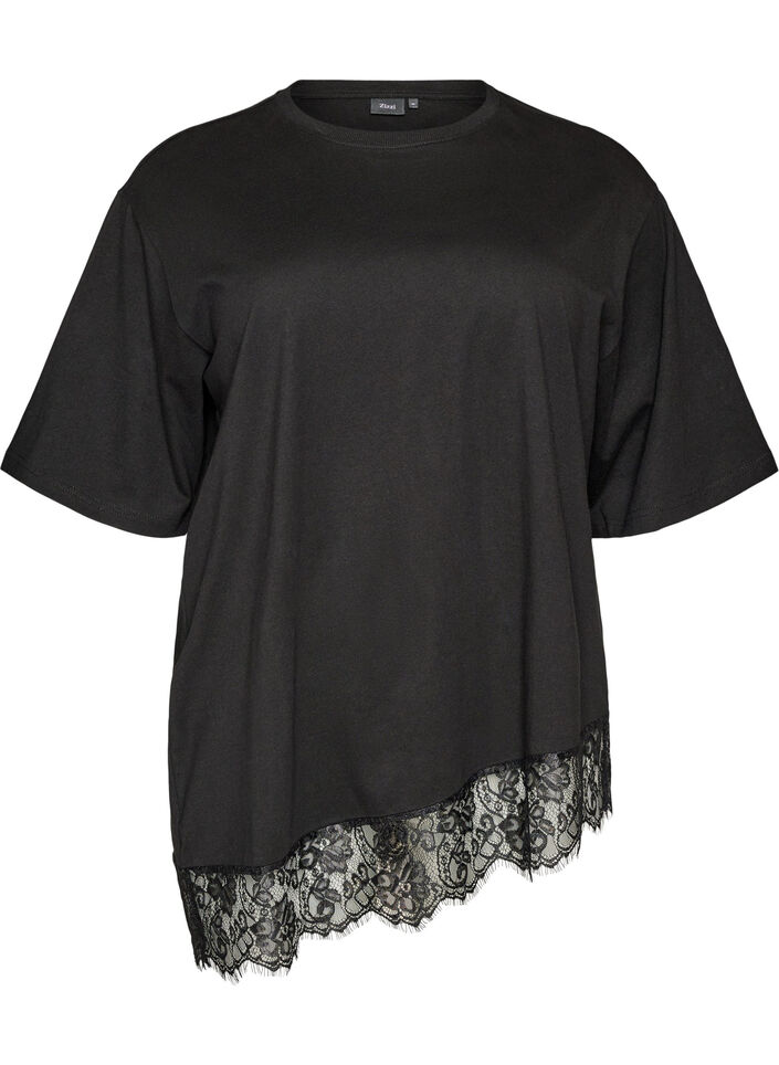 T-shirt met asymmetrische kanten zoom, Zwart, Packshot