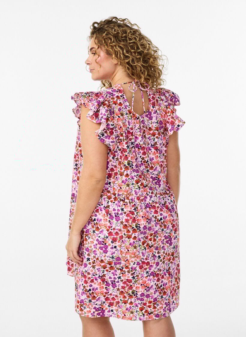 Robe fleurie en coton avec volants et col en V, Rose, Model image number 2