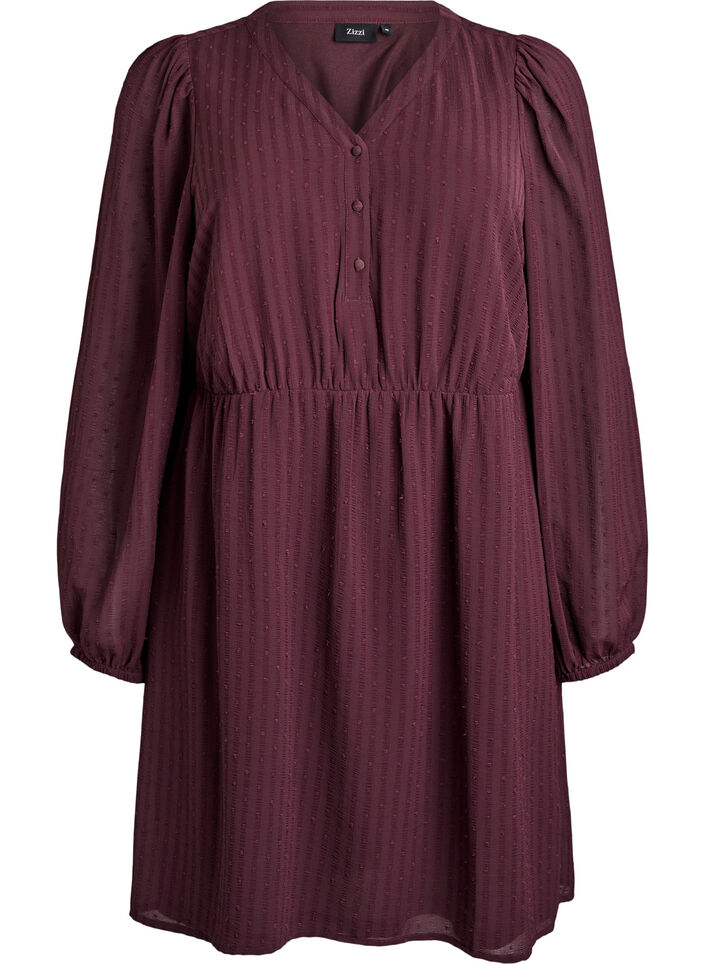 Korte jurk met tonale strepen en gestructureerde stippen, Donker Bordeaux, Packshot image number 0