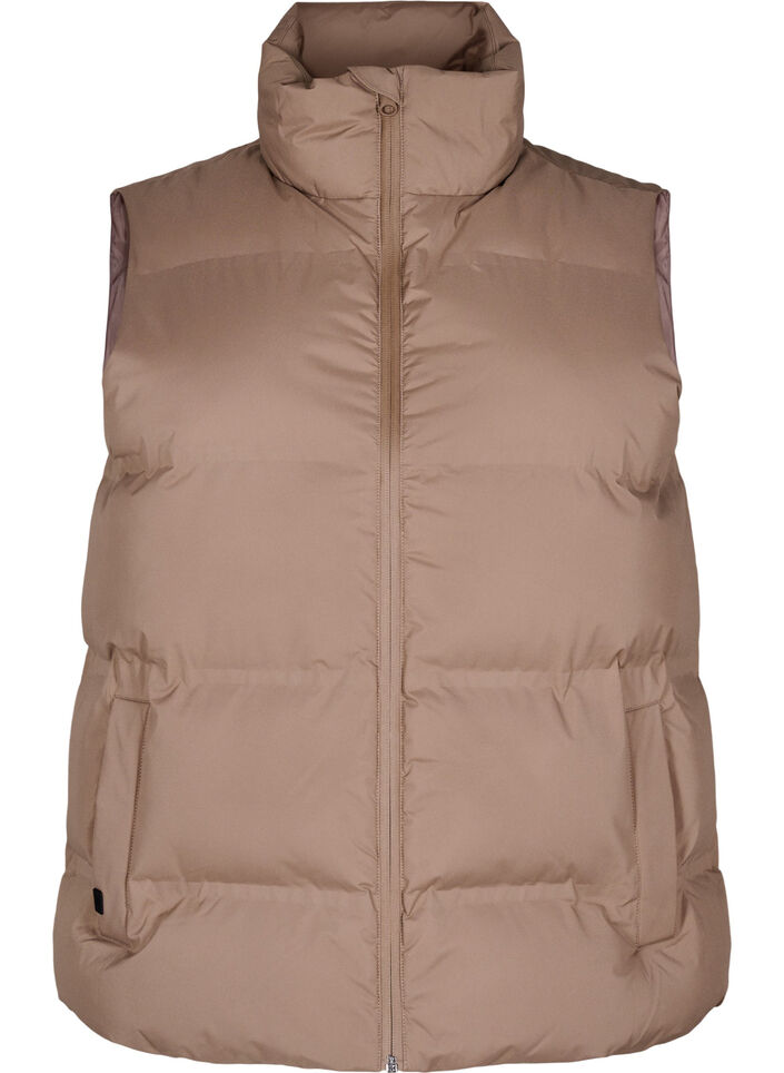 Korte puffer bodywarmer met hoge kraag, Bruin, Packshot image number 0