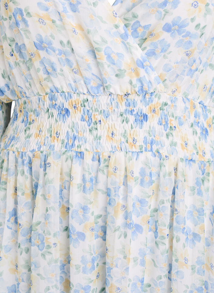 Midi jurk met bloemen, wikkellook en smock, Blauw, Packshot image number 2