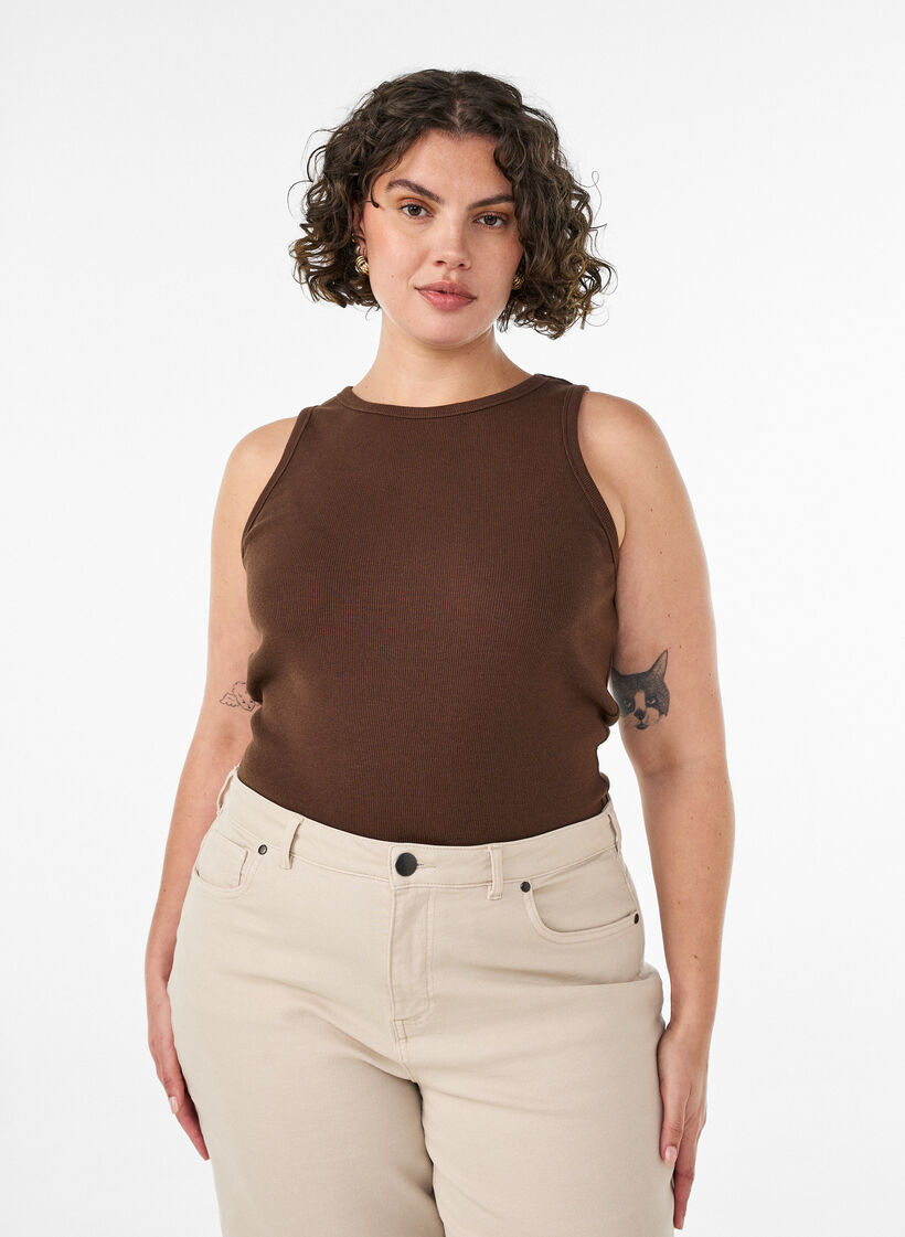 Katoenen ribtop met hoge hals, Bruin, Model image number 0