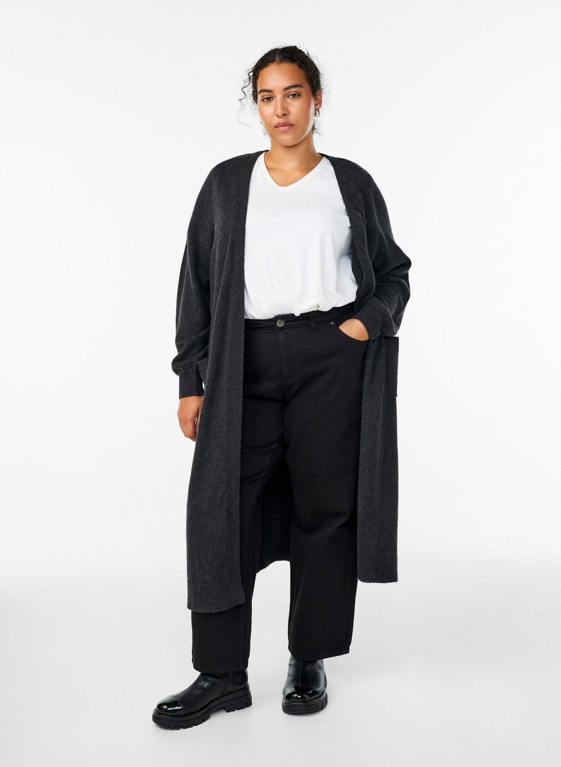 Lange knitted cardigan met zakken, Grijs, Model