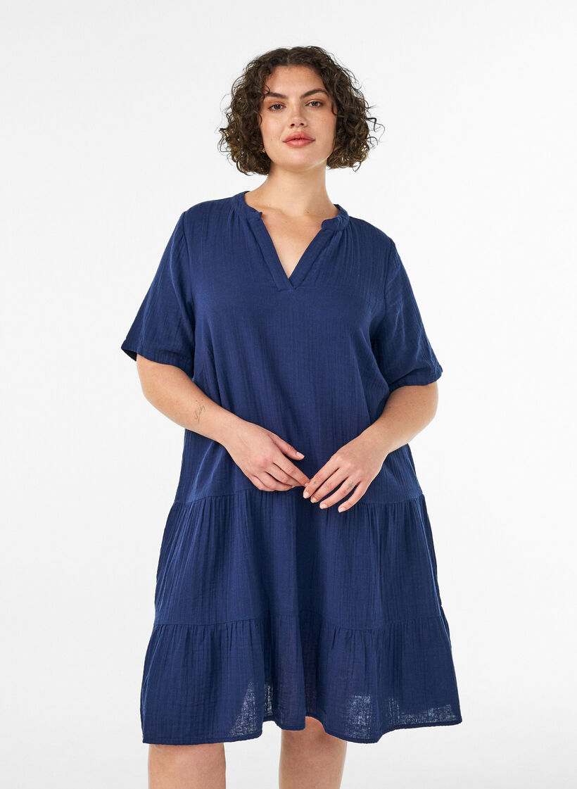 Korte A-lijn jurk in katoenen mousseline, Blauw, Model image number 0
